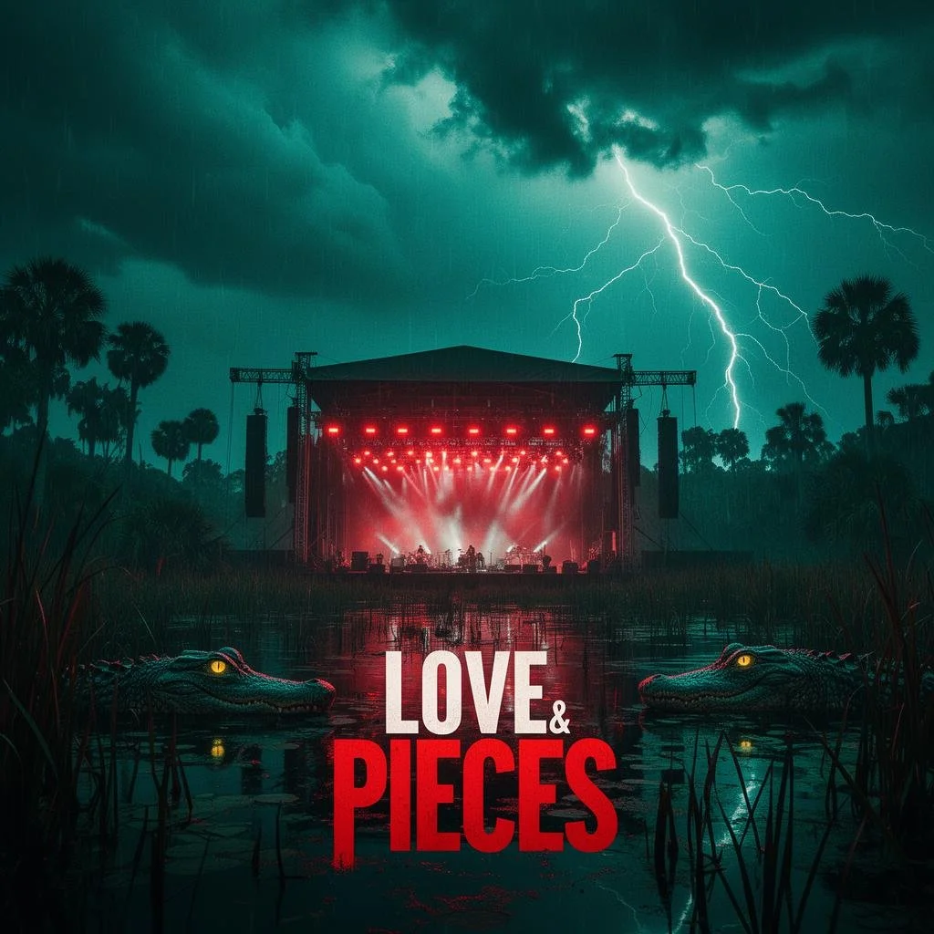 A concert stage illuminated with red lights during a thunderstorm with lightning in the sky. There are palm trees and two crocodiles in the water in front of the stage. The text 'Love & Pieces' is at the bottom.