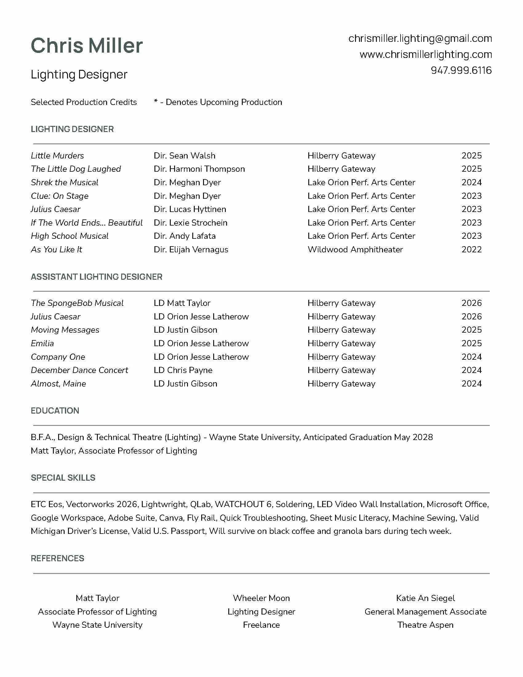 This image is of a resume or CV for Chris Miller, a lighting designer. It includes contact information, a list of productions with directors and venues, educational background from Wayne State University, special skills, and references. The document highlights productions like Little Murders, The Little Dog Laughed, Shrek the Musical, and others, with respective directors, venues, and years.