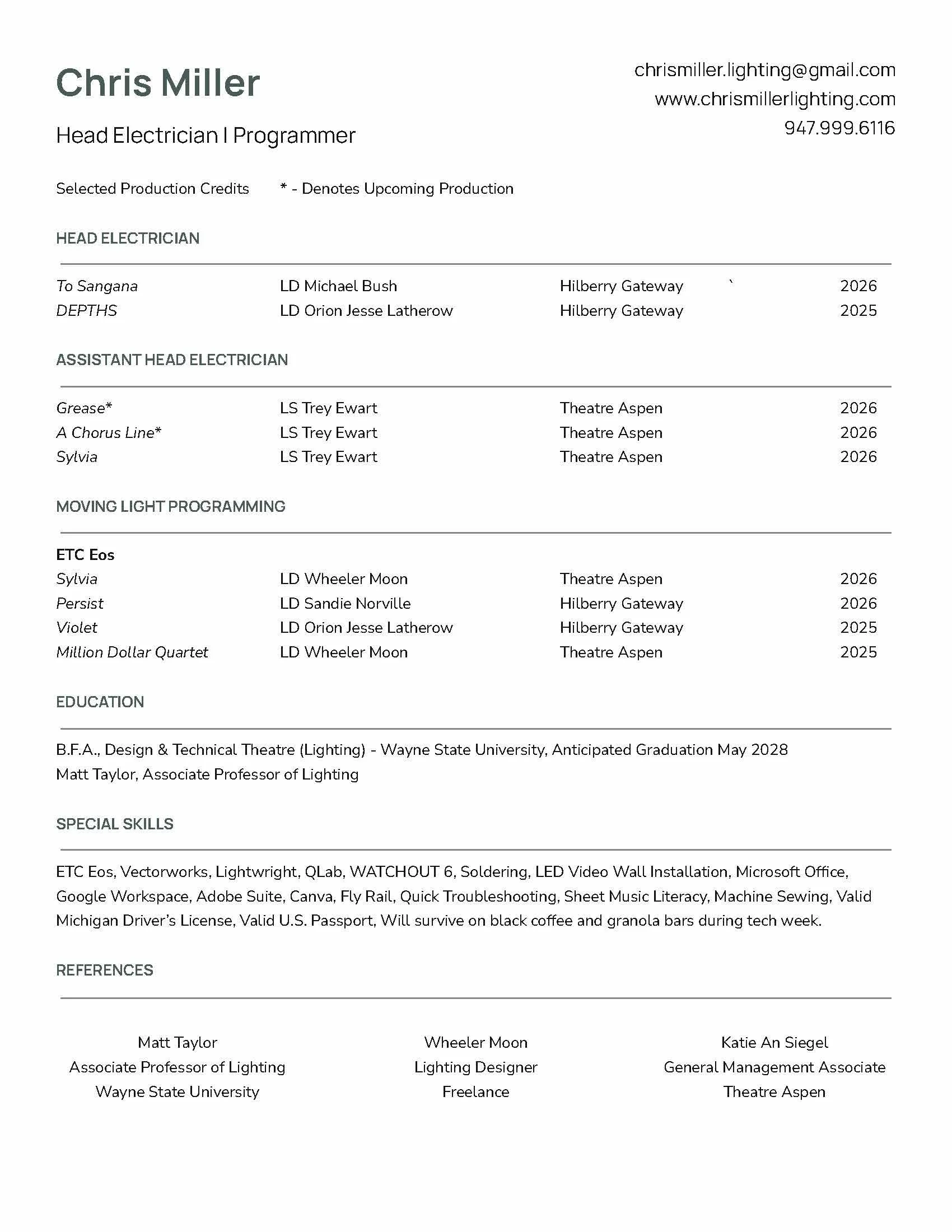 A resume or CV for Chris Miller, a Head Electrician and Programmer, showing contact information, job history, education, skills, and references.