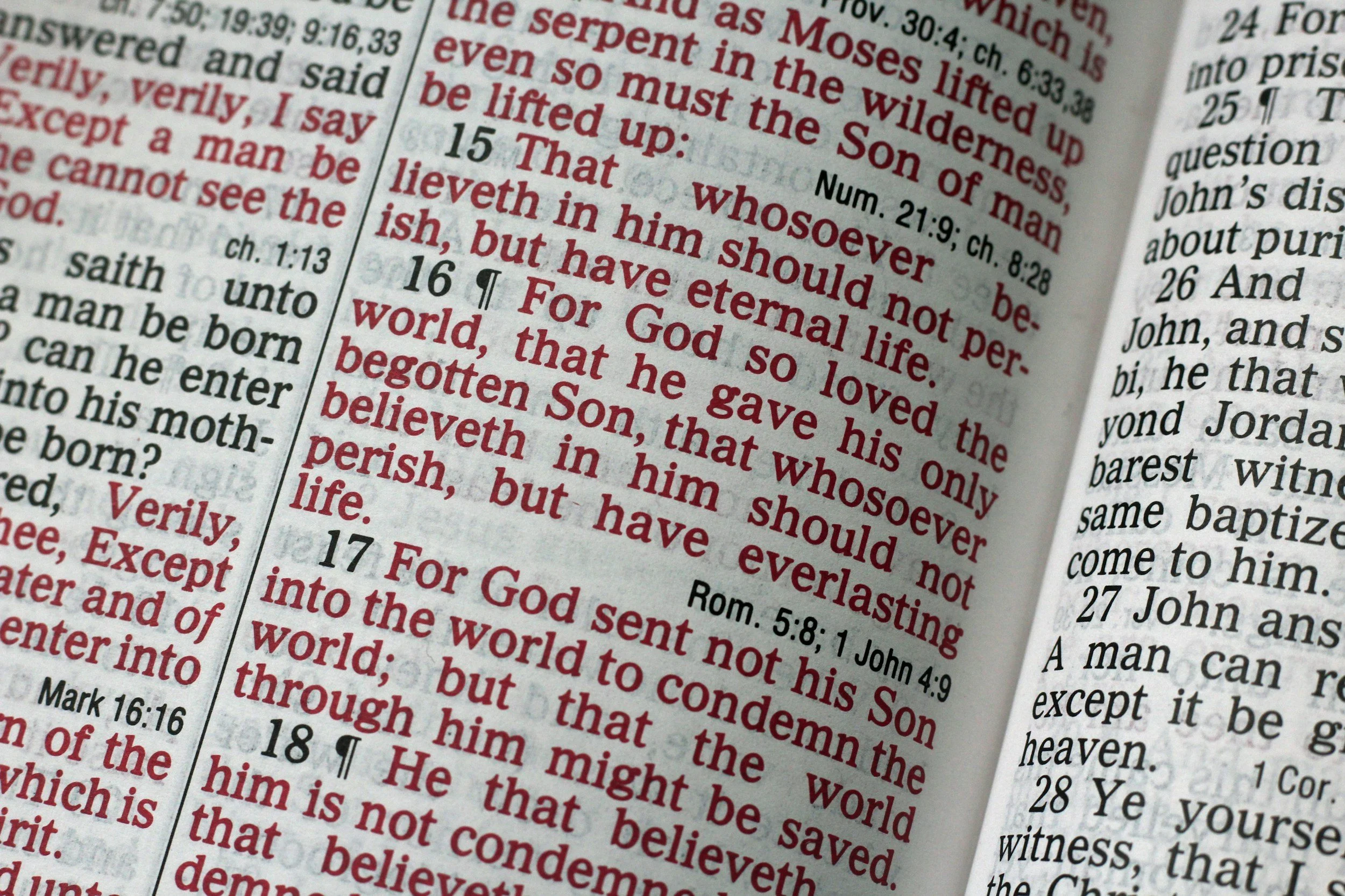 Close-up image of a Bible page showing Roman 5:8 scripture in black and red text.