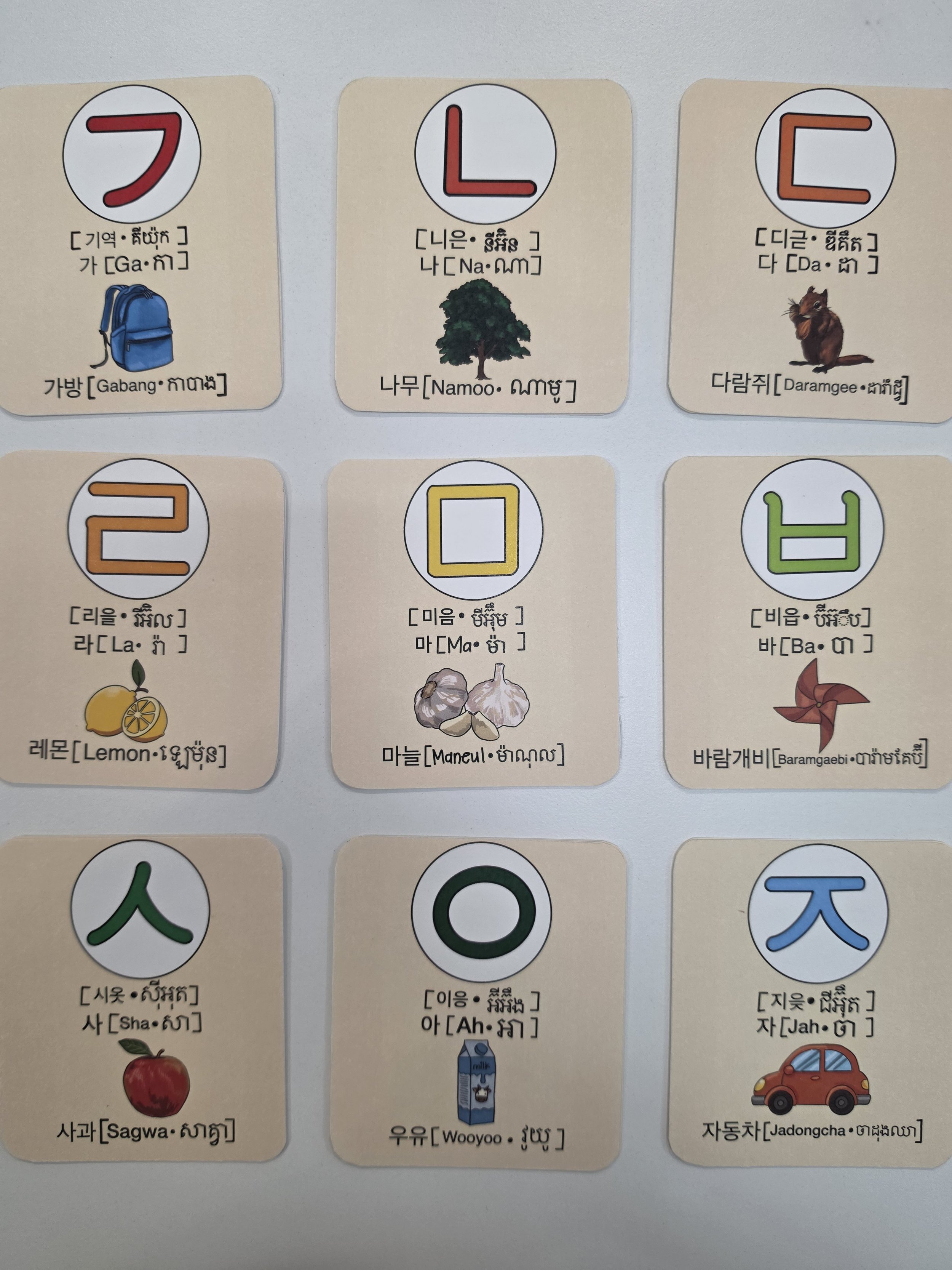 Card with the number 7 in red, an illustration of a blue backpack, and bilingual text in Korean, Lao, and Thai.