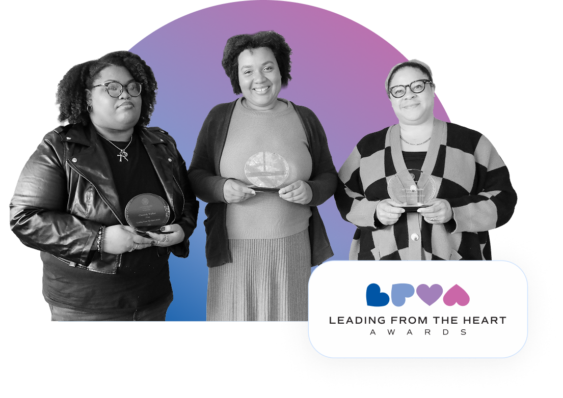 Three women isolated holding awards from the Leading from the Heart Awards event, with a colorful background and featuring the LFTHA logo.