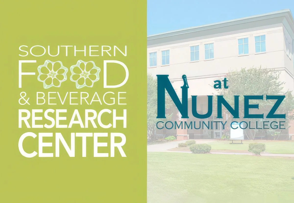 A promotional image showing the Southern Food & Beverage Research Center logo on a green background on the left, and the Nunez Community College campus building on the right.
