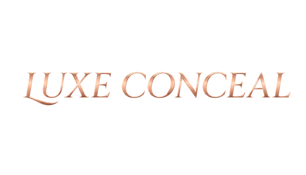 Luxe Conceal logo in stylized metallic pink text with a shadow effect.