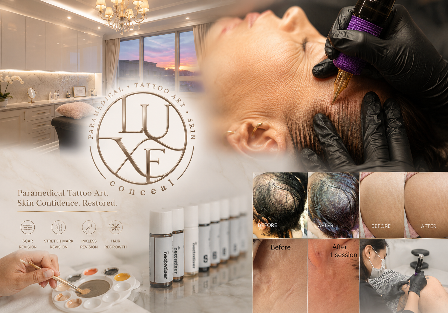 Interior of a medical tattoo studio with a sunset view outside, featuring a logo for 'LUXE' Paramédical Tattoo Art, Skin Confidence, Restored, along with images demonstrating the before and after results of tattooed skincare treatments, a client receiving tattooing, and various skincare products.