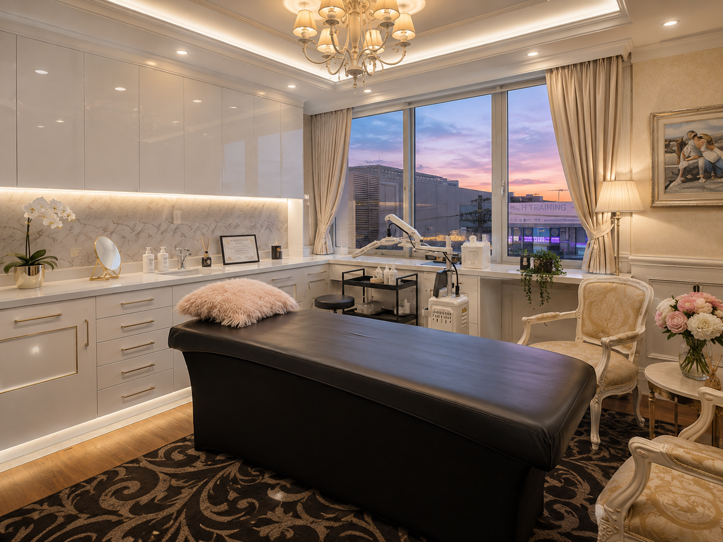 A luxurious spa treatment room with a massage table, elegant furniture, large window with city view at sunset, soft lighting, and decorative accents.