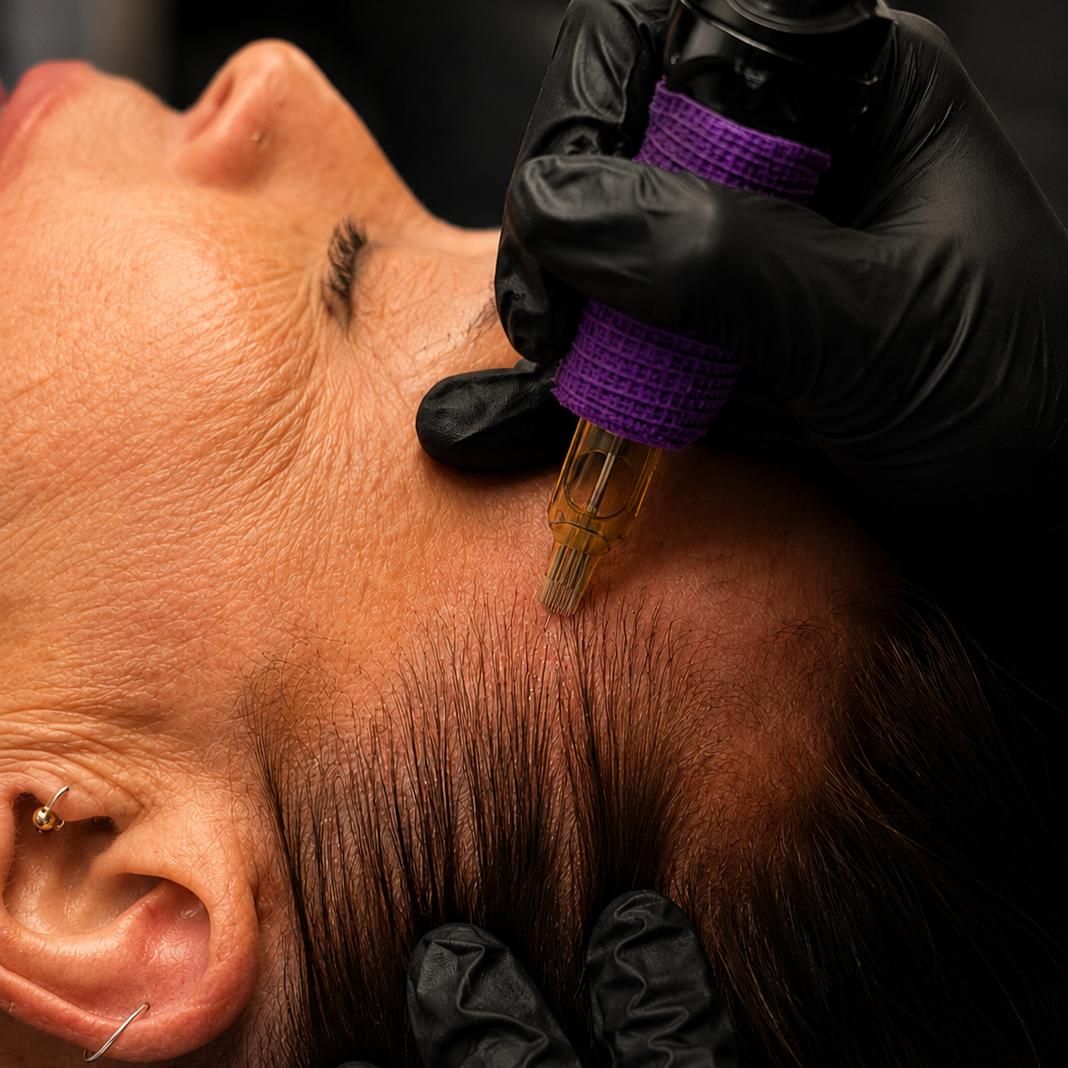 A person receiving a facial treatment or cosmetic procedure involving an injection, with a technician wearing black gloves holding a small syringe near the person's face.
