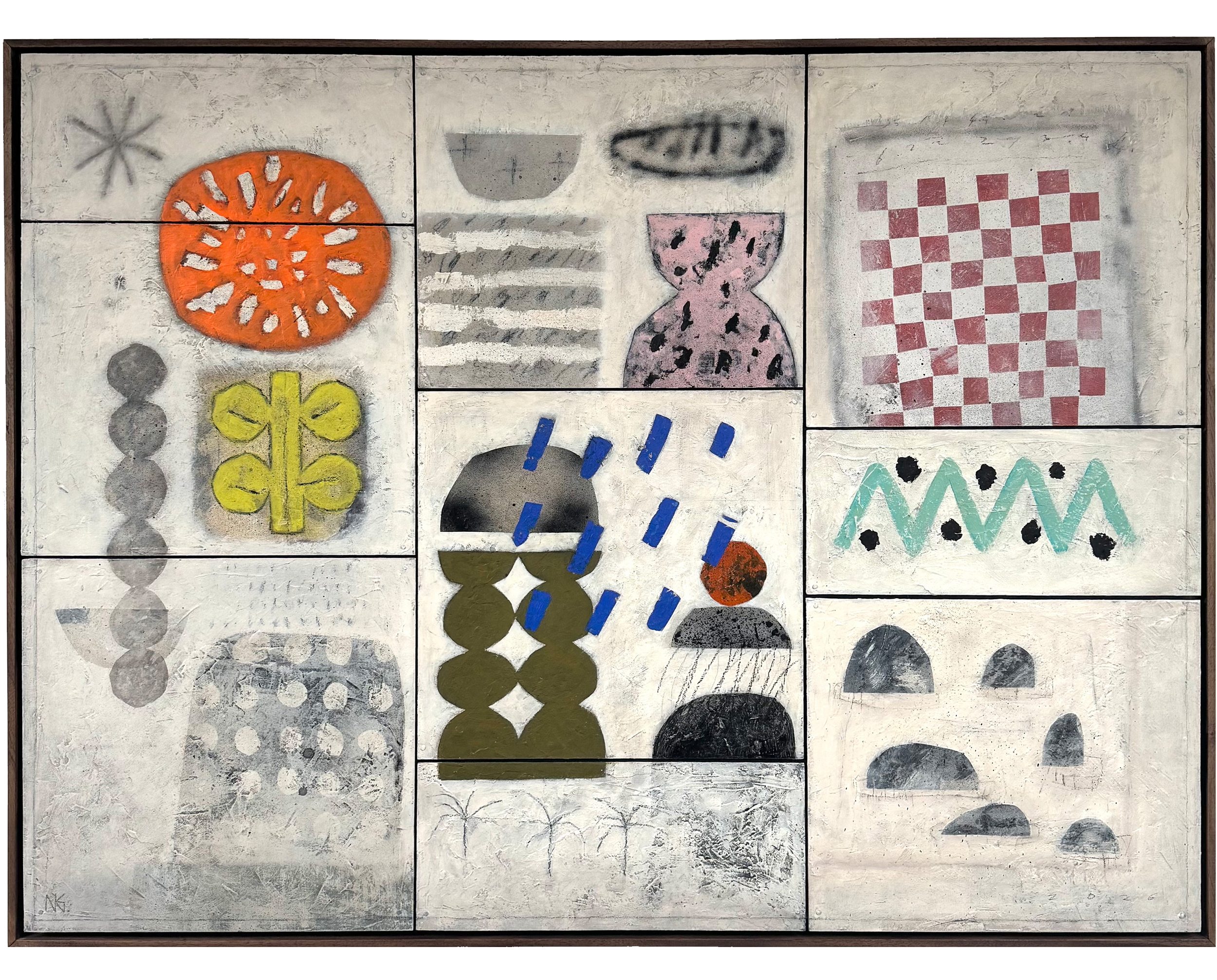Still Life painting by Neil Gillespie.  Gillespie is an artist based in Belfast Northern Ireland.  This piece uses acrylic crayon emulsion oil stick and spray paint to create a work inspired by natural elements and modernism.