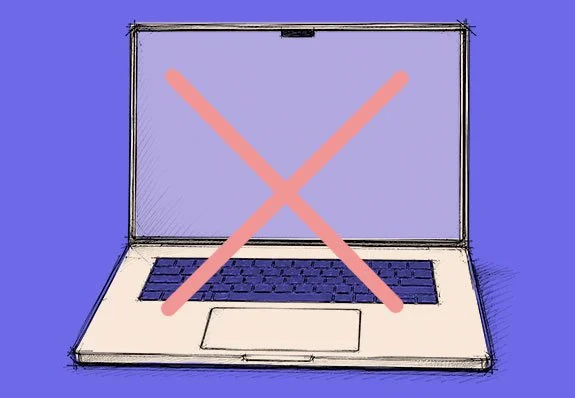 A sketch of a closed laptop with a large pink 'X' across the screen, indicating no stolen IP.
