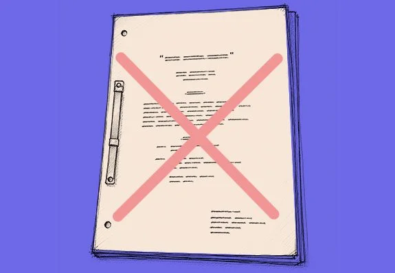 A document with a red prohibition symbol over it, indicating no generative AI for scripts.