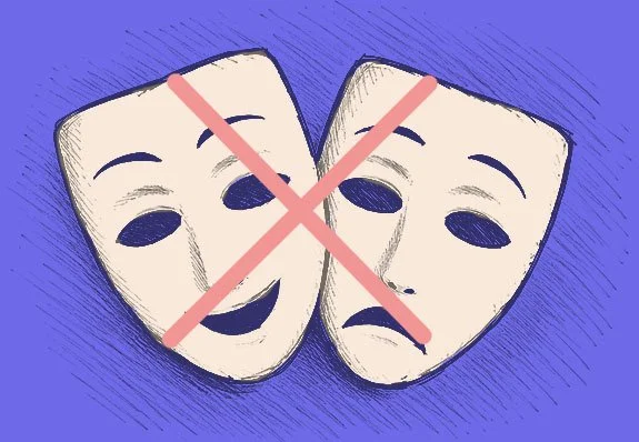 Drawing of two theater masks, one happy and one sad, with a red X over them, indicating no generative AI for performances.