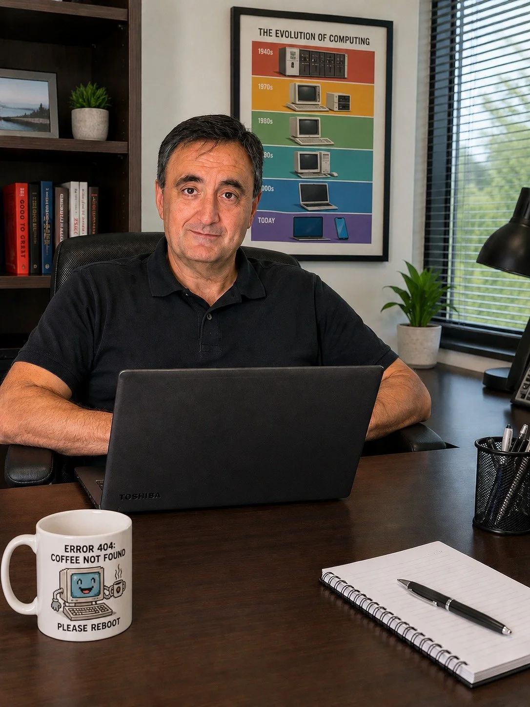 A man sitting at a desk with a black laptop, a white coffee mug, a spiral notebook with a pen, and a black pen holder. Behind him, a framed poster titled "The Evolution of Computing" shows different computer types from the 1940s to today. There are books on a bookshelf, a potted plant by the window with blinds, and a desk lamp.