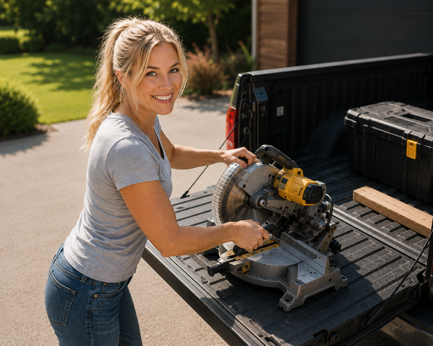 Woman smiling while using a miter saw on the back of a pickup truck outdoors, with a grassy yard and trees in the background.