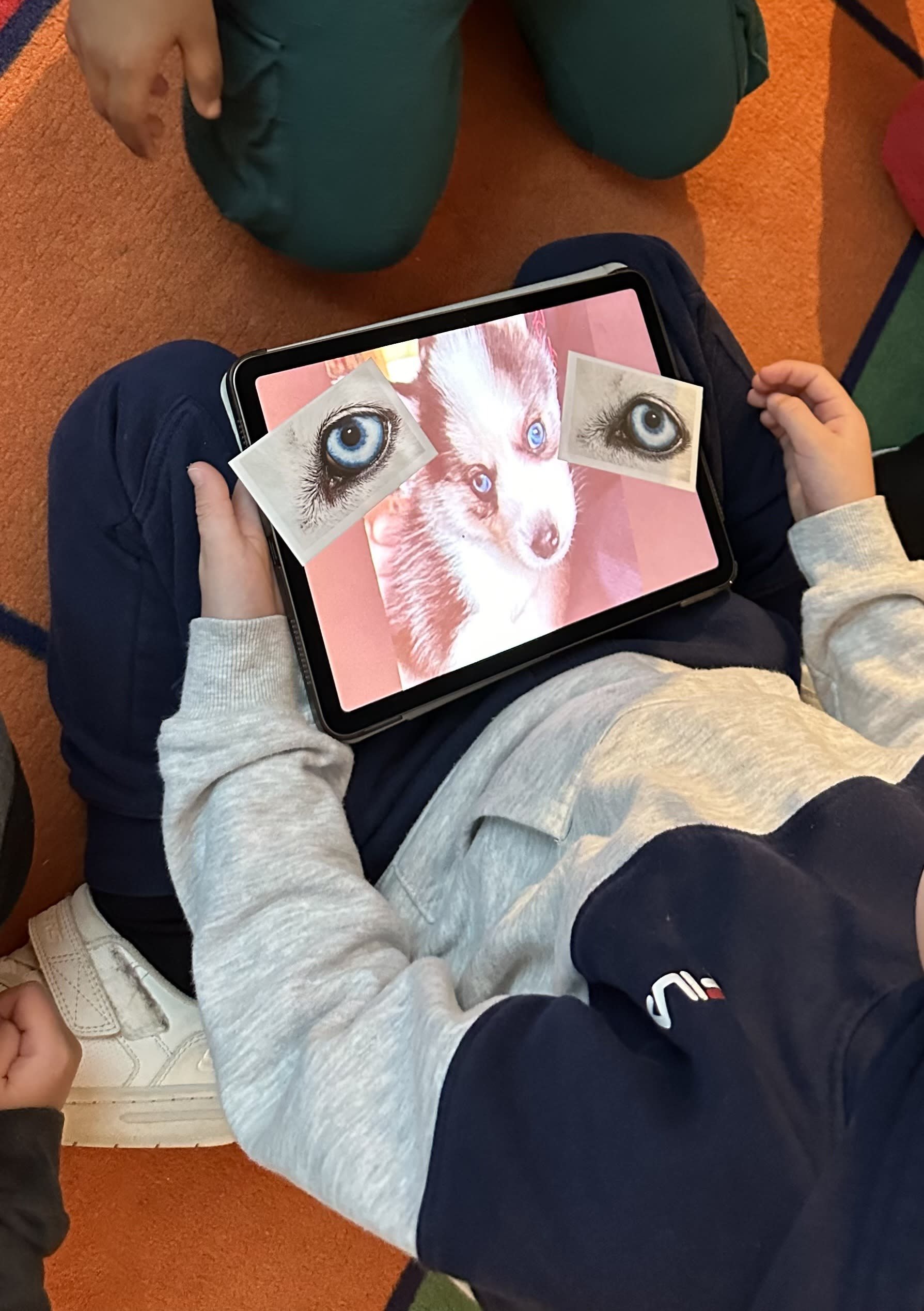 A child holding a tablet displaying an image of a dog's face with blue eyes. Two printed images of human eyes are placed over the tablet, aligned with the dog's eyes.