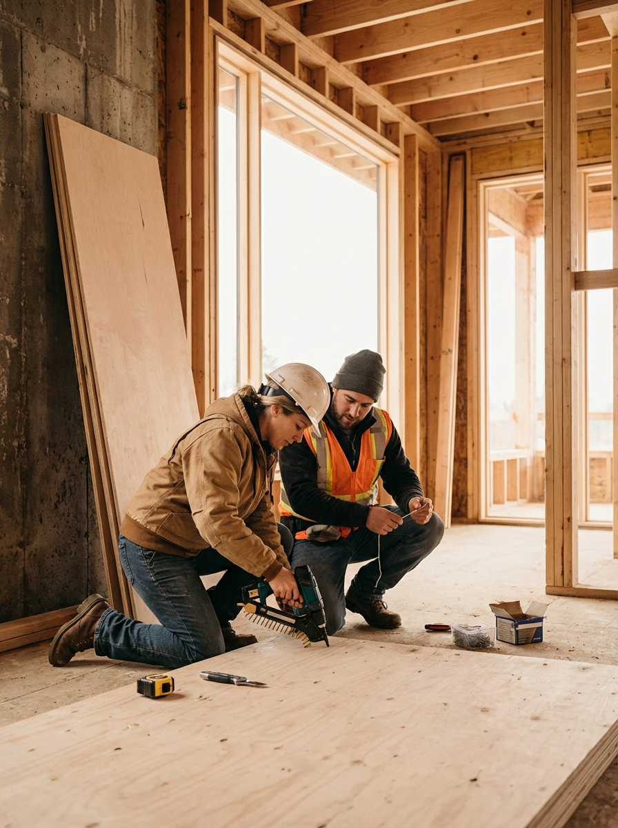 Two construction workers, a woman and a man, kneel on the floor of a wooden frame house under construction. They are reviewing plans and working with tools, including a power nailer, on a large piece of plywood. The workers are dressed in casual work clothing, and the woman is wearing a hard hat while the man is in a beanie. Natural light streams through the unfinished windows.