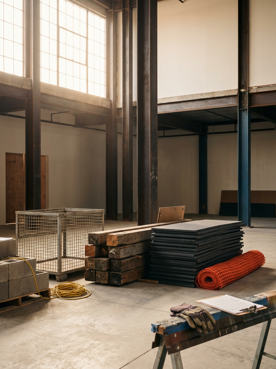 Inside an industrial or construction space with stacks of wood, foam mats, rolled red safety mesh, and construction tools, with large window panels allowing sunlight.