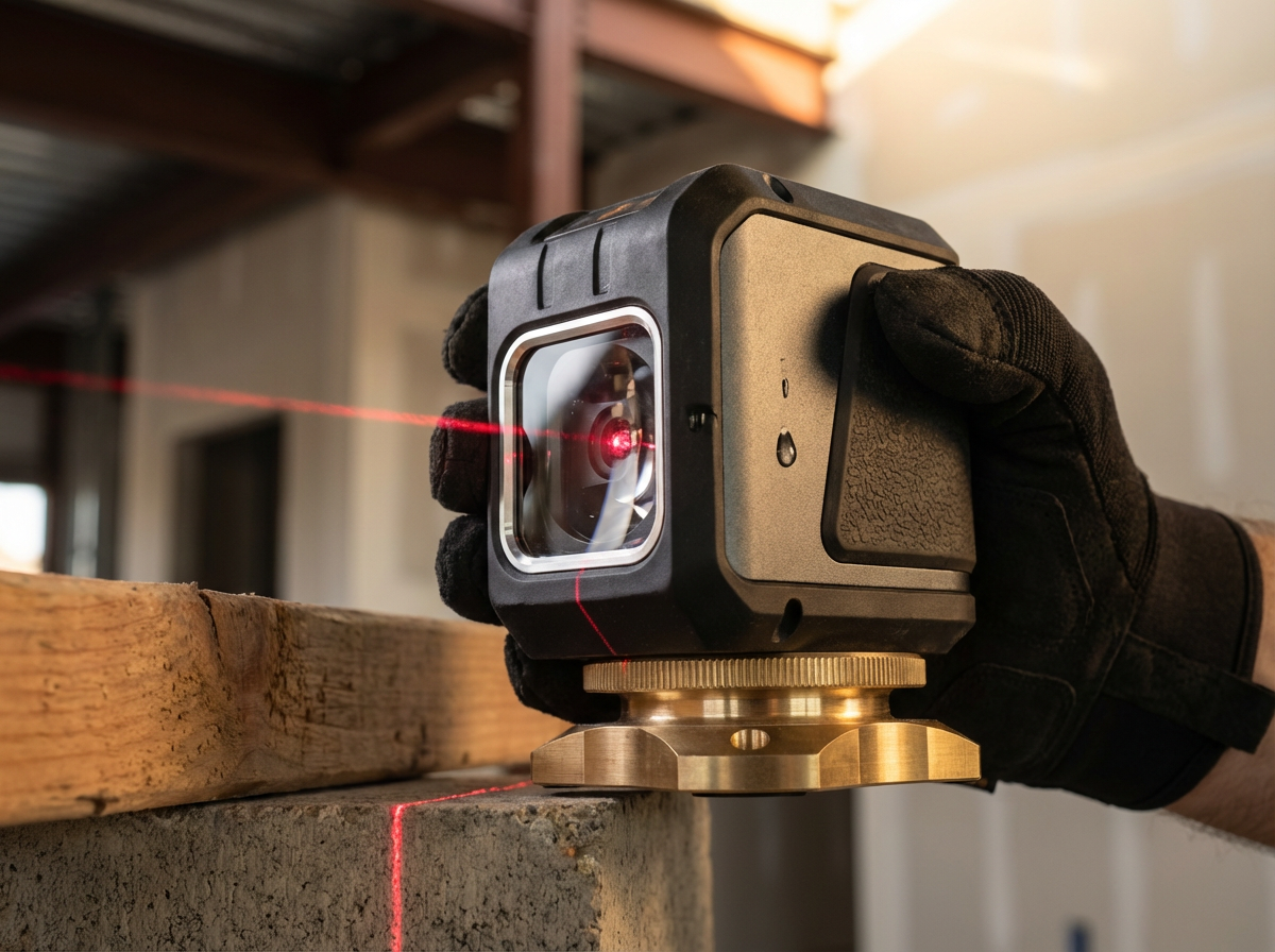 A person wearing black gloves uses a laser level to project red laser lines onto a wood and concrete surface during construction or carpentry work.