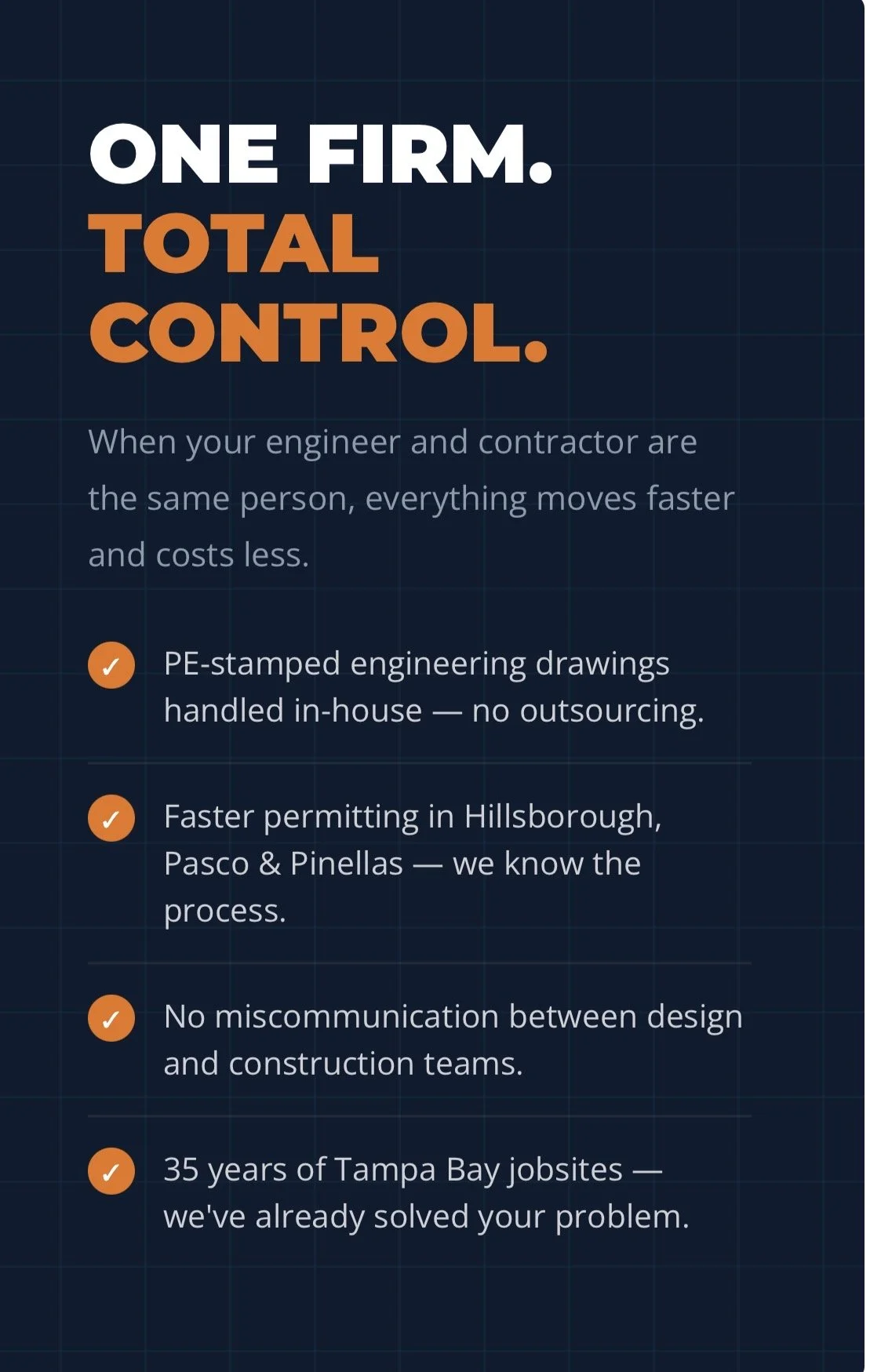 A promotional graphic highlighting the benefits of working with an engineering firm that manages engineering drawings in-house, has faster permitting in Hillsborough, Pasco, and Pinellas, and emphasizes clear communication between design and construction teams.