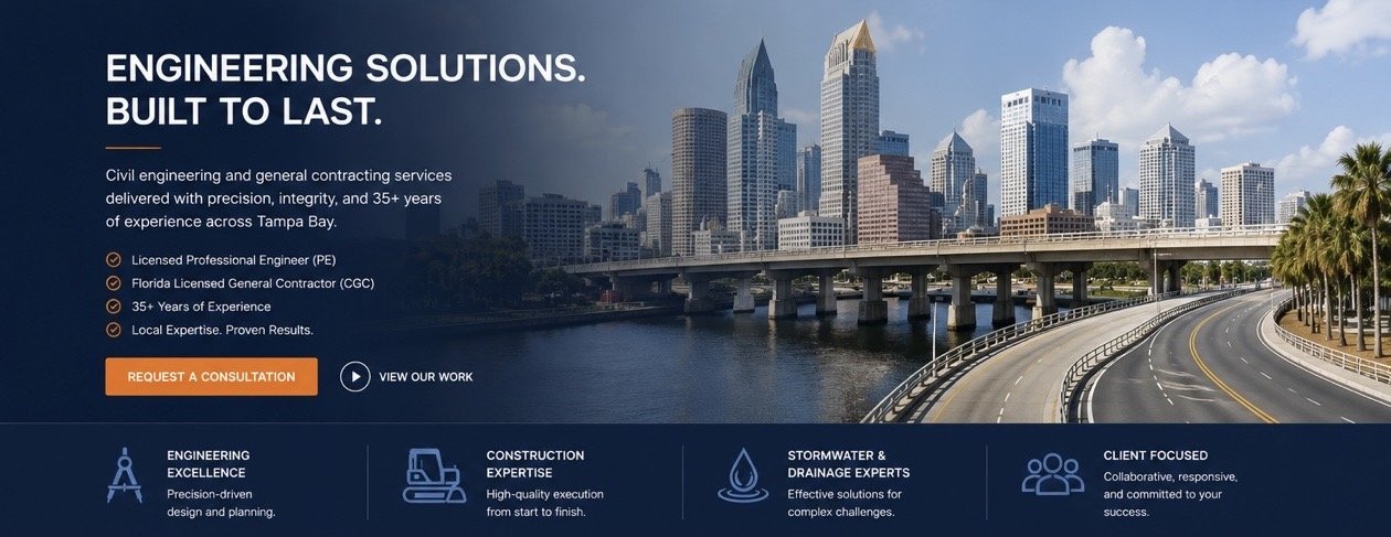 Website homepage for an engineering firm showing a city skyline with tall buildings, a river, and a highway with palm trees. The site promotes engineering solutions, construction expertise, stormwater management, and client-focused services, with a button to request a consultation.