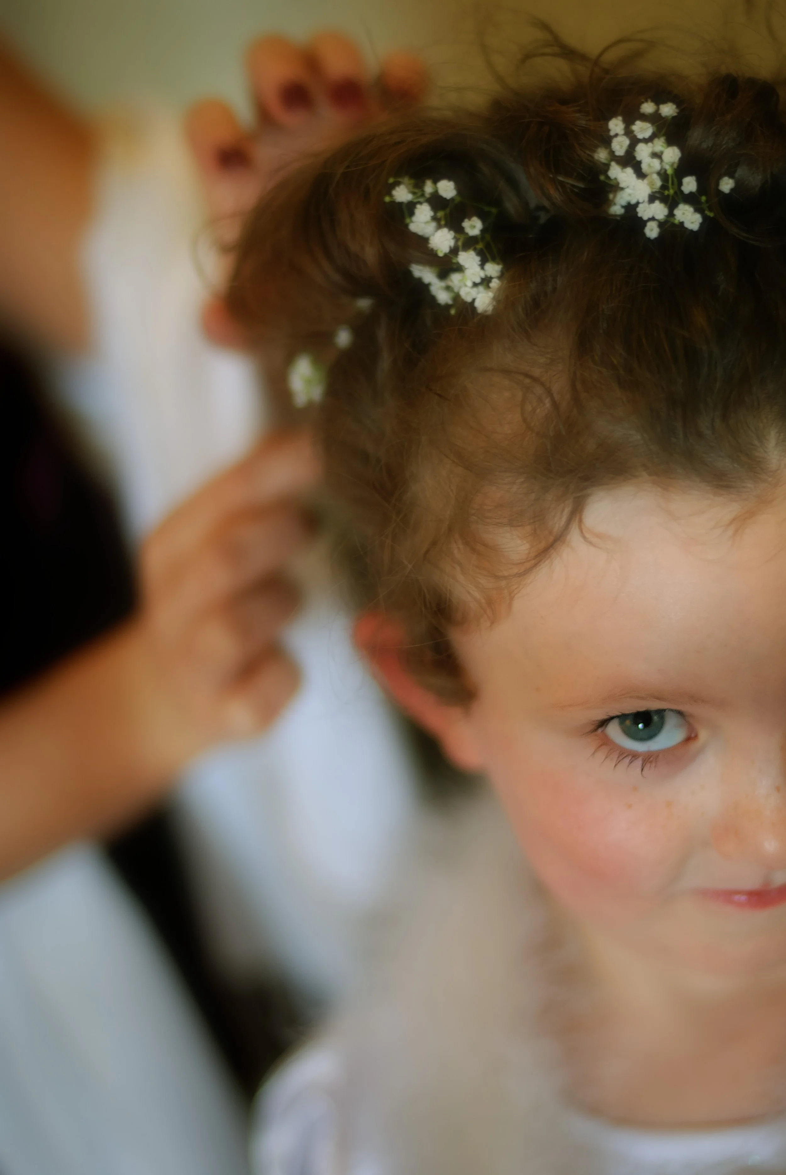 A young girl with curly brown hair and blue eyes looks to the side while someone puts a small white flower in her hair.