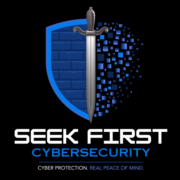 Seek First Cybersecurity logo featuring a blue shield and sword with the tagline “Cyber protection. Real peace of mind.”