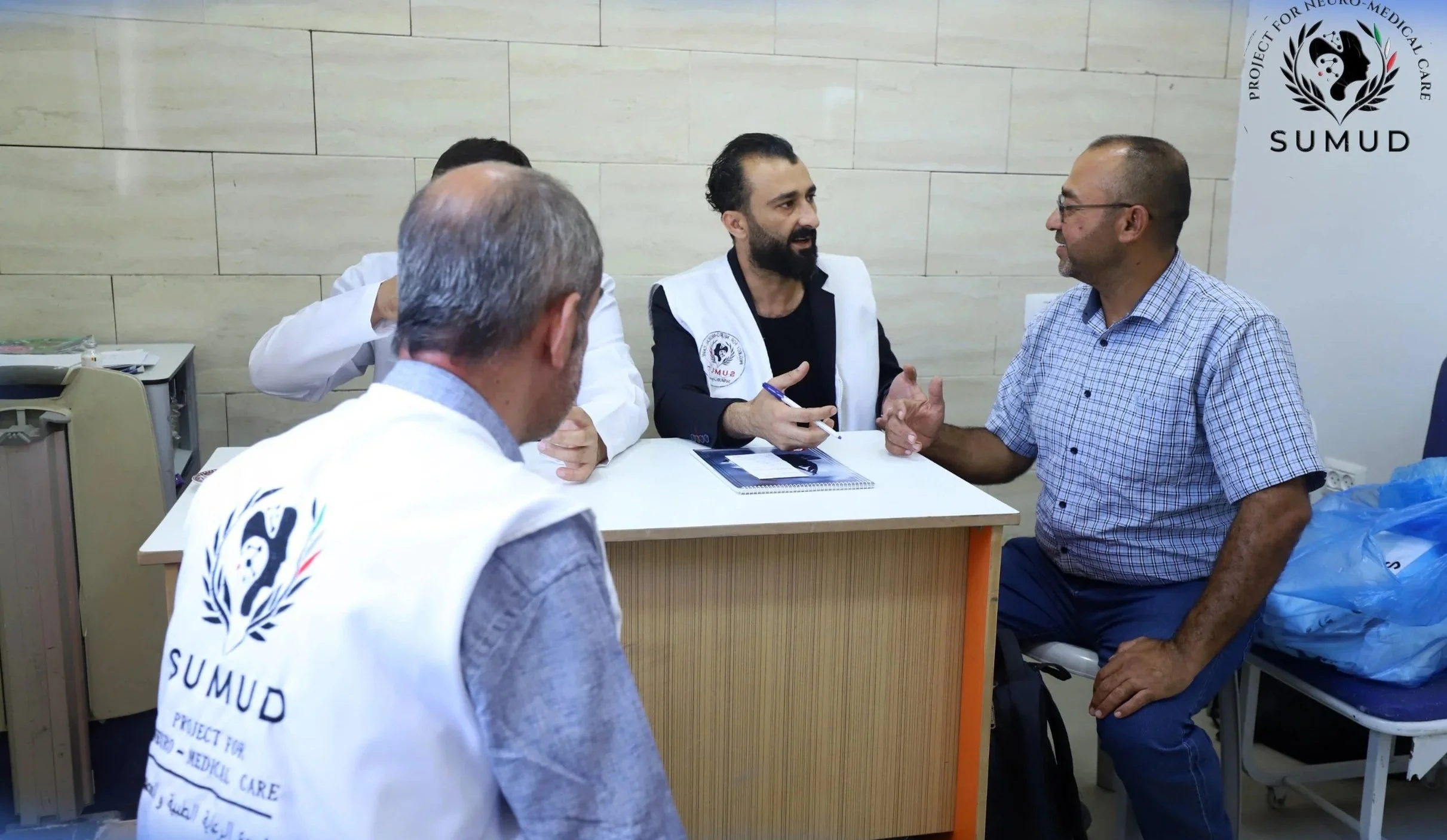 Dr. Ahmed Alkahlout from SUMUD Project for Neuro-Medical Care in Gaza at the launch of the first clinic at Kamal Adwan Hospital June 14 2026