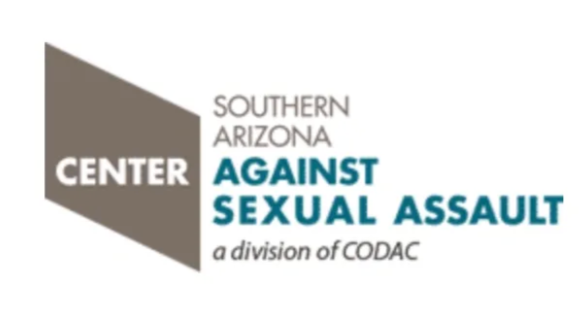 Logo of Southern Arizona Center Against Sexual Assault, a division of CODAC, featuring a gray arrow pointing left with text inside and the organization's name in bold blue and black letters.