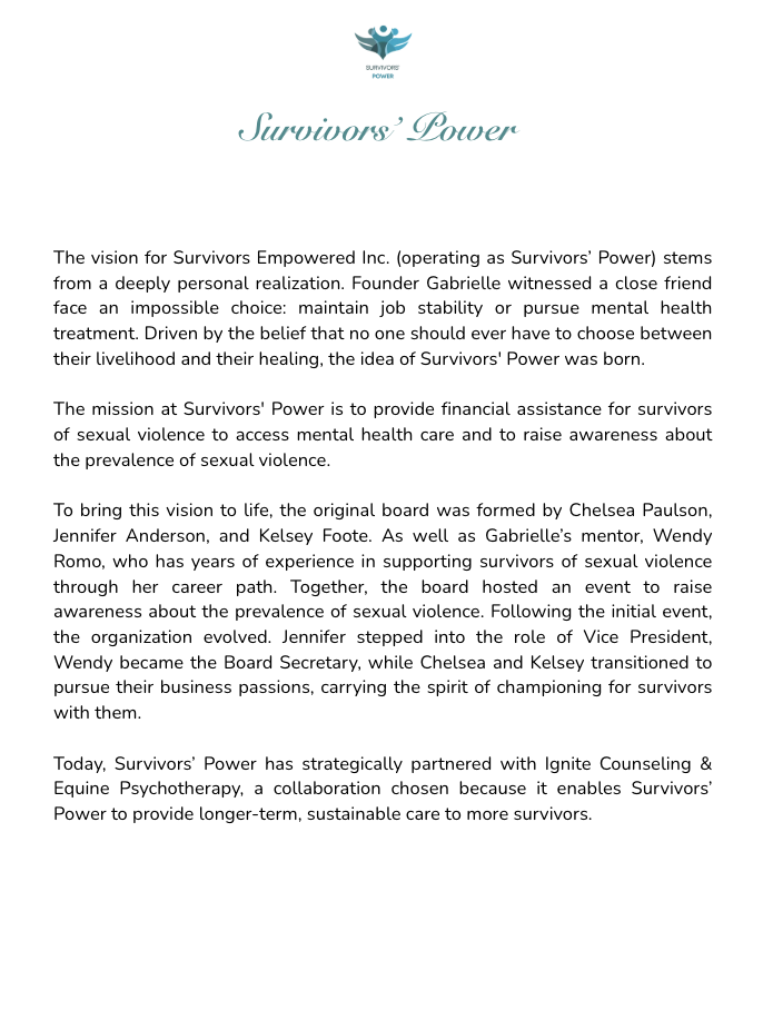 A document titled 'Survivors' Power' with a logo of stylized human figures and the organization name at the top. The text describes the mission and history of Survivors' Power, a nonprofit providing financial assistance and mental health care support for survivors of sexual violence, along with its collaborations and growth.