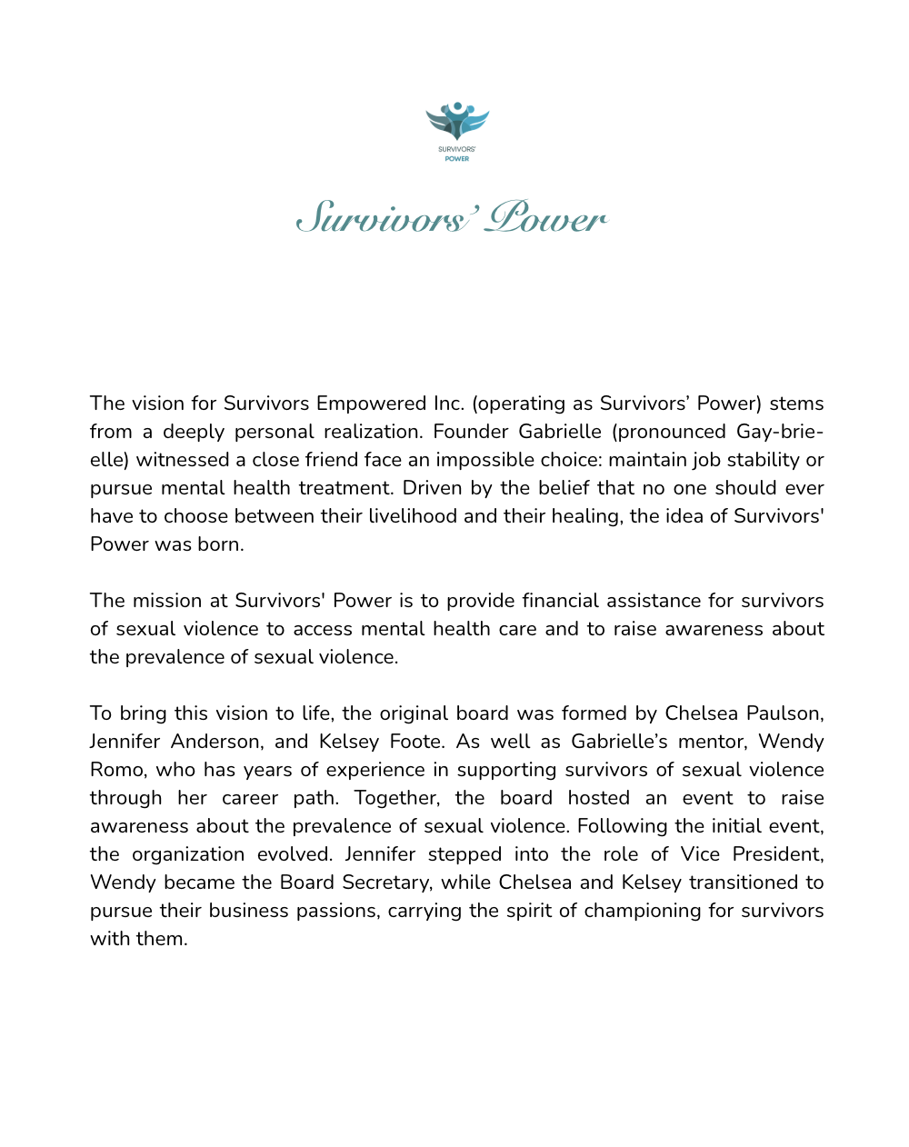 A document titled "Survivors' Power" with a logo at the top, describing the mission and history of the organization supporting survivors of sexual violence.