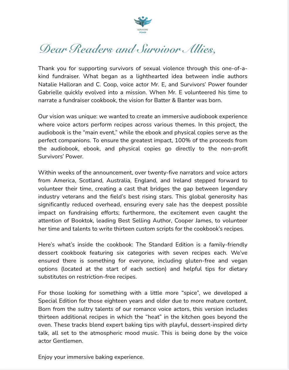 Letter from Survivors' Power team explaining a fundraising initiative with a logo at the top featuring a stylized person with raised arms inside a circle, and the text 'Survivors' Power' underneath.
