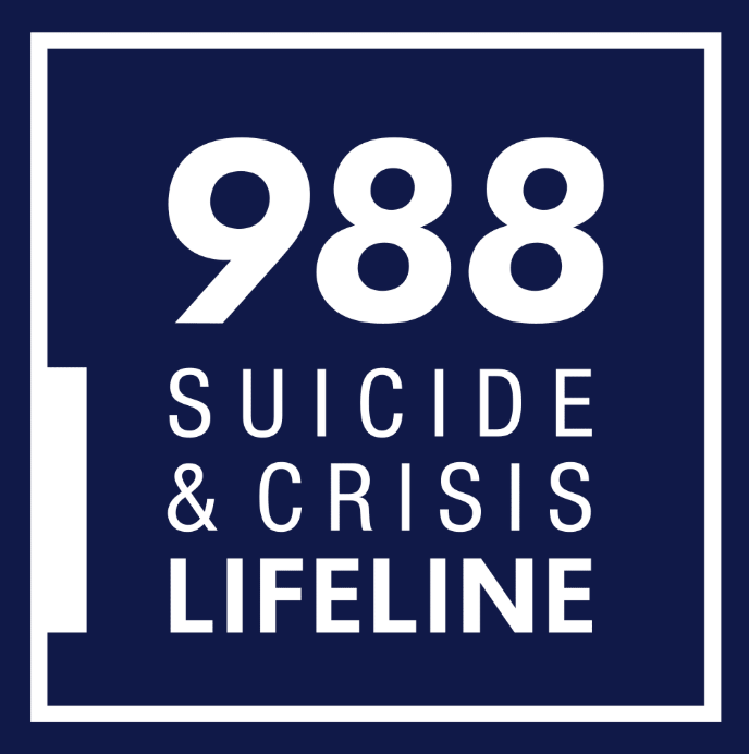 Graphic with the text '988 Suicide & Crisis Lifeline' on a dark blue background.