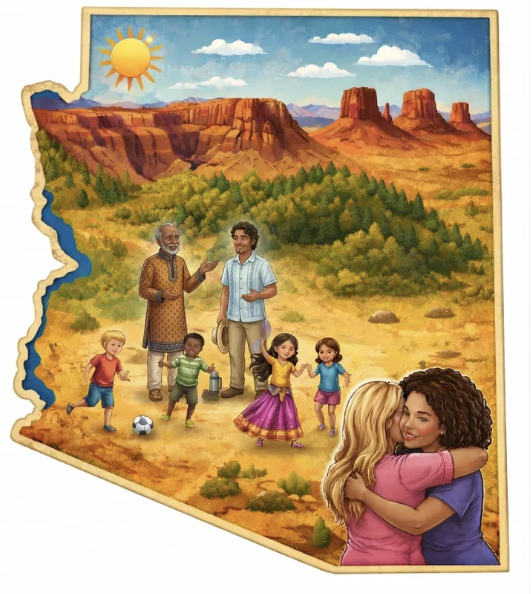 People hugging and children playing in a desert landscape with rocky formations and green bushes, under a sunny sky.