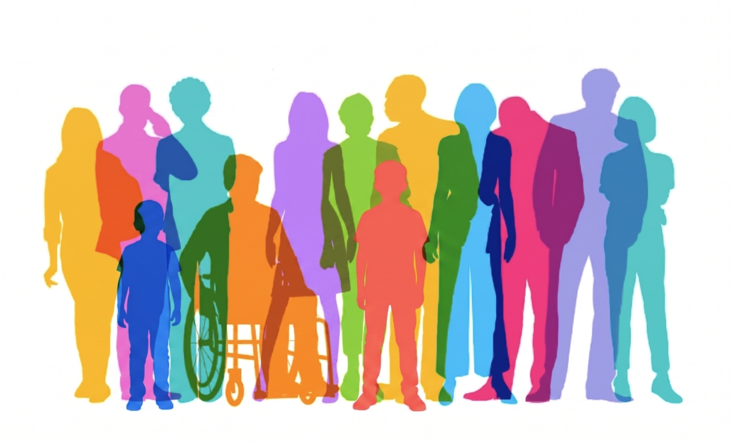 Silhouettes of diverse people, including a person in a wheelchair, in multiple bright colors on a white background.