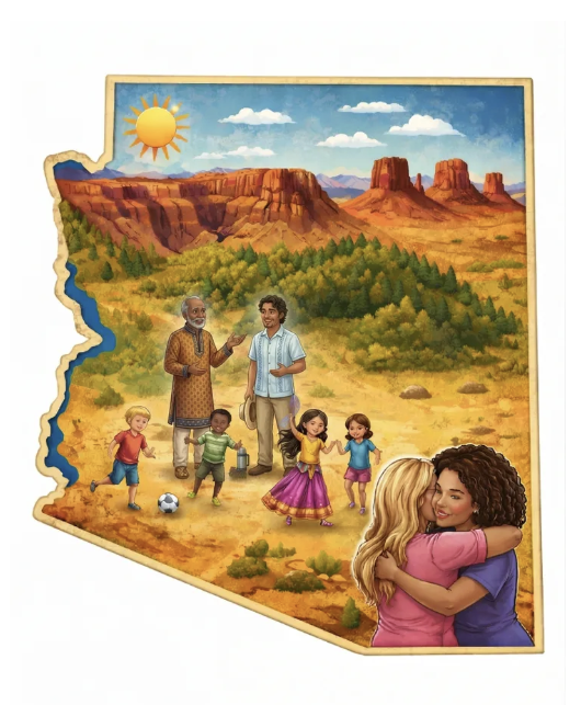 Illustration of the state of Arizona with people enjoying a sunny day in a desert landscape with red rock formations, green trees, and a blue sky. Two women are hugging in the foreground, and an older man with children is in the background, some children playing soccer.