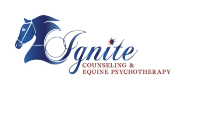 Logo for Ignite Counseling & Equine Psychotherapy featuring a stylized blue horse head and the words 'Ignite Counseling & Equine Psychotherapy' with a starburst design.