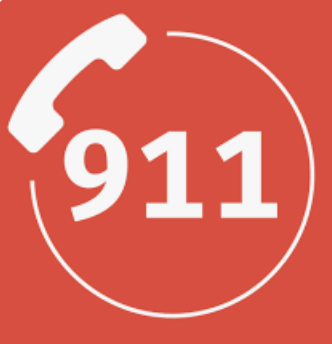 Red background with a white telephone icon and the number 911 inside a white circle