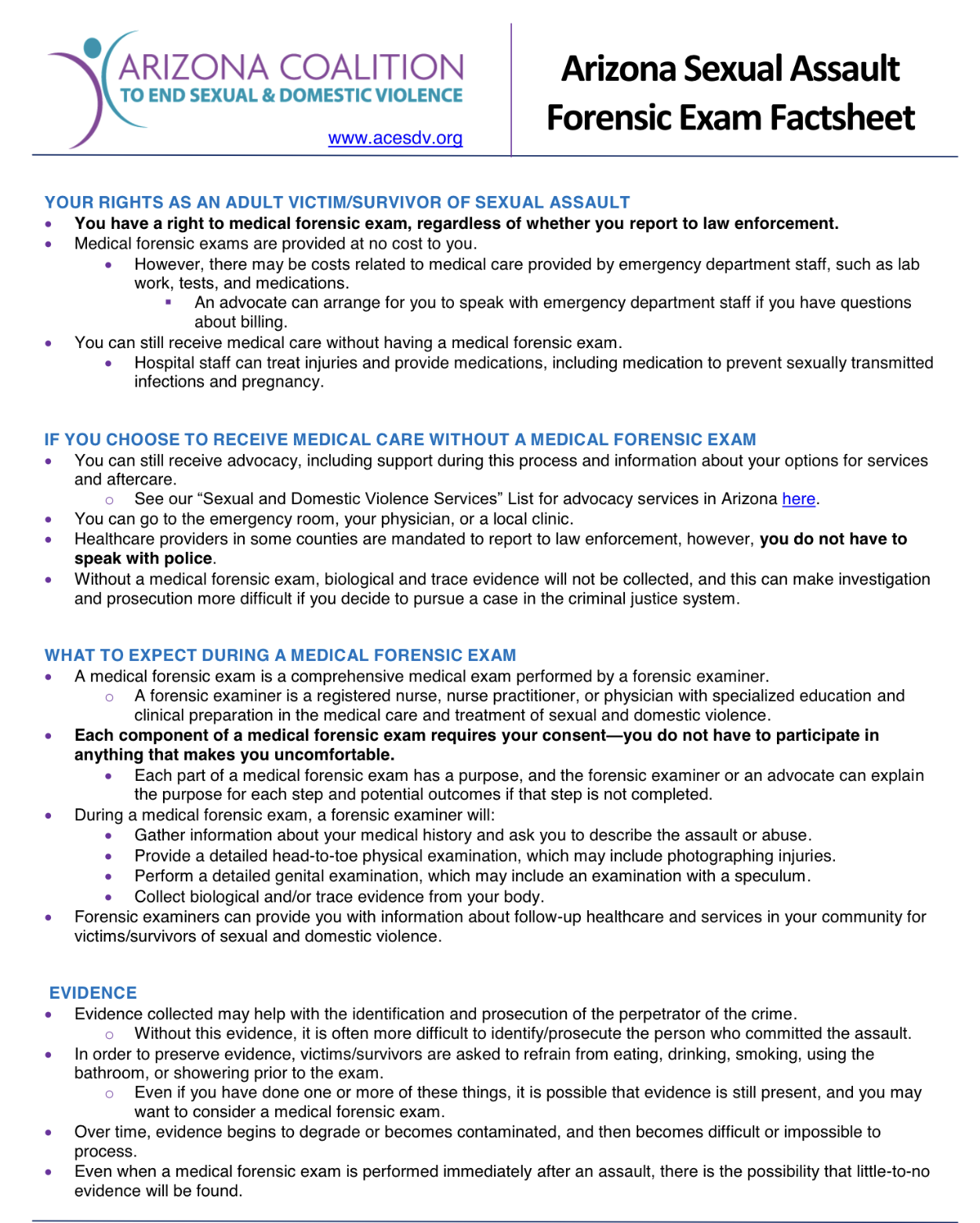 Arizona Coalition document titled 'Arizona Sexual Assault Forensic Exam Factsheet' with guidelines on victims' rights, medical care options, what to expect during a forensic exam, evidence collection, and victim support resources.