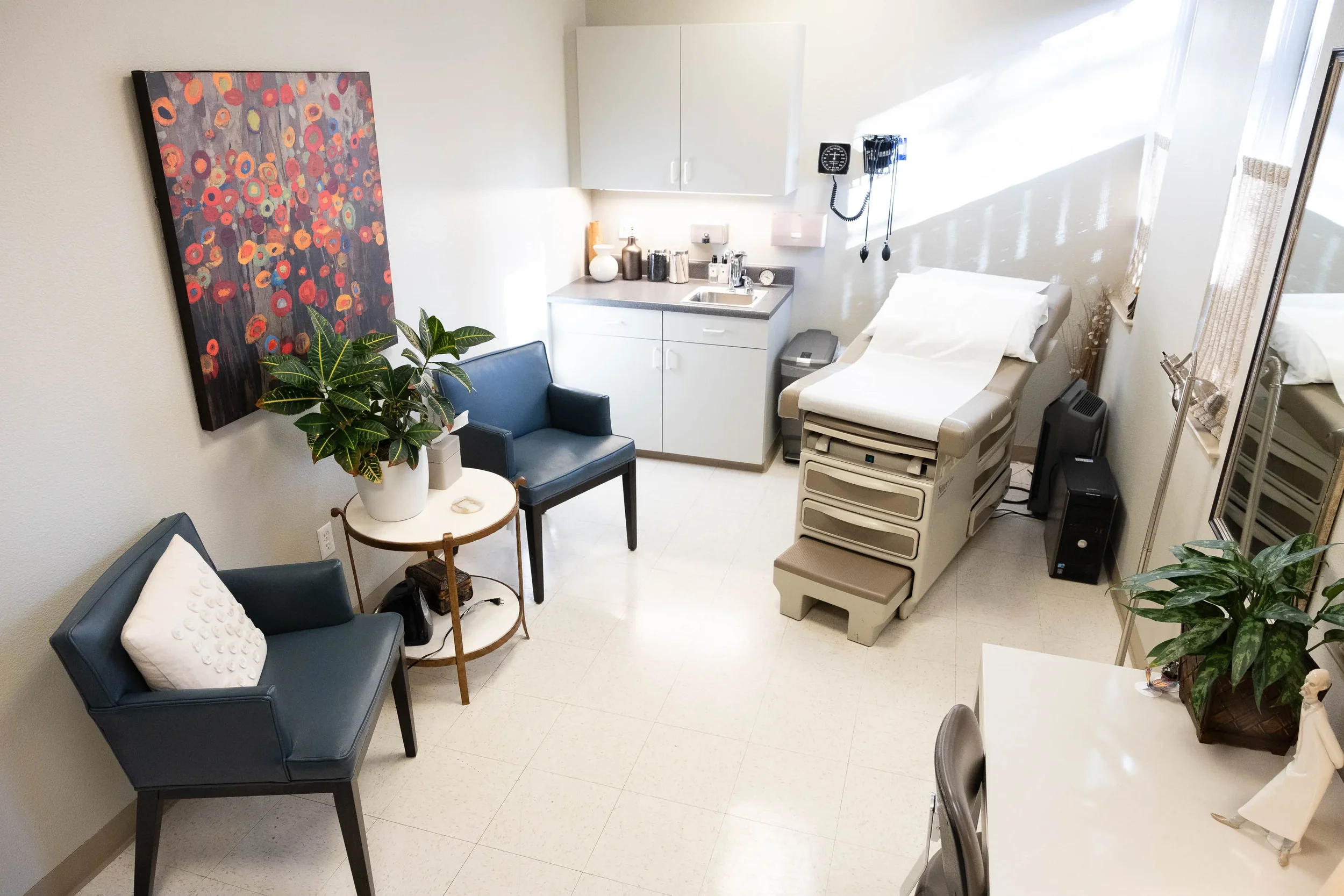 Medical examination room with chairs, artwork, plants, medical equipment, and an exam table