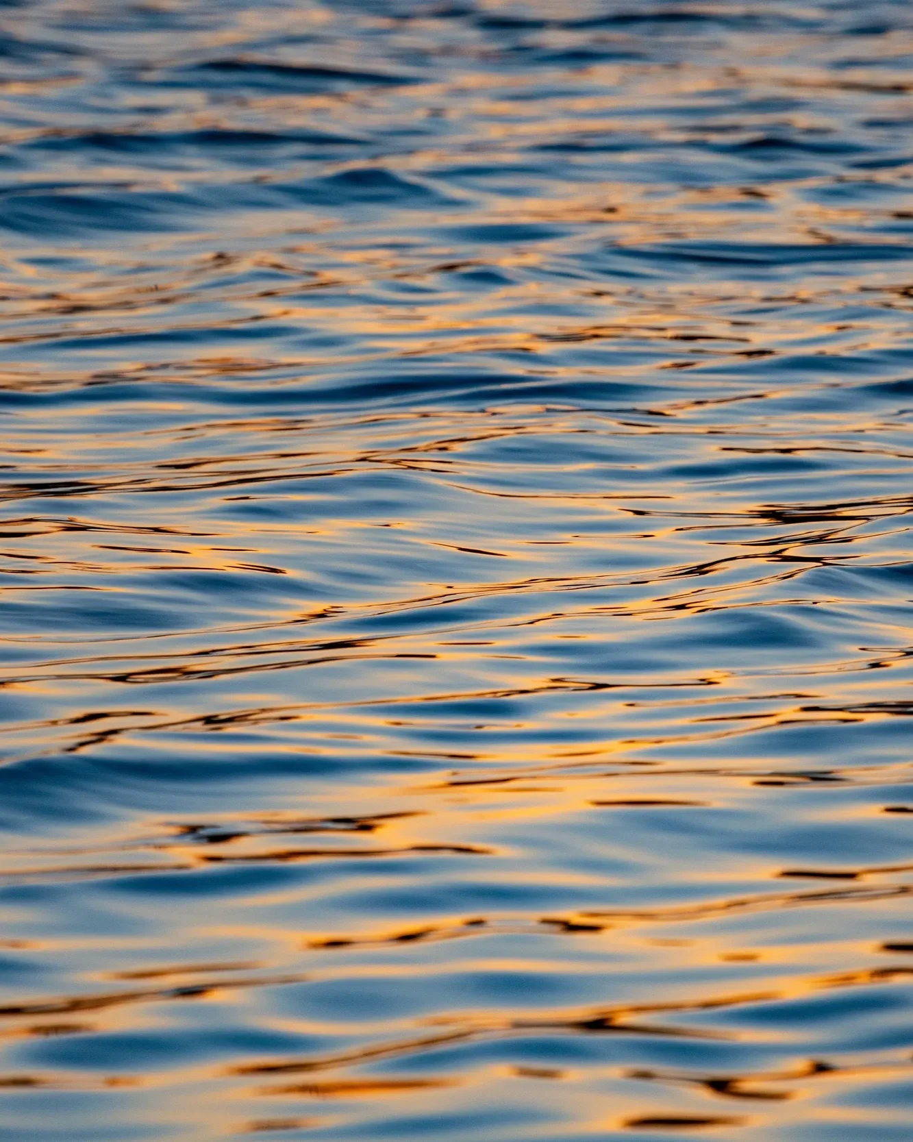 Sunset reflecting on calm water with gentle ripples.