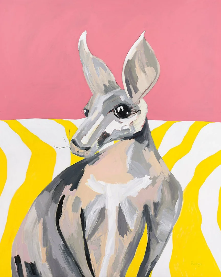 Painted illustration of a young kangaroo with large eyes, sitting in front of a pink background and yellow and white striped surface.