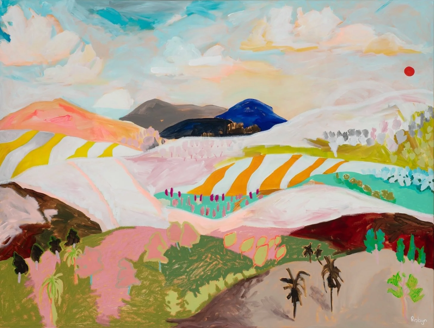 Colorful painting of rolling hills and mountains with fields in pink, yellow, turquoise, and red, and a sky with clouds and a red sun.