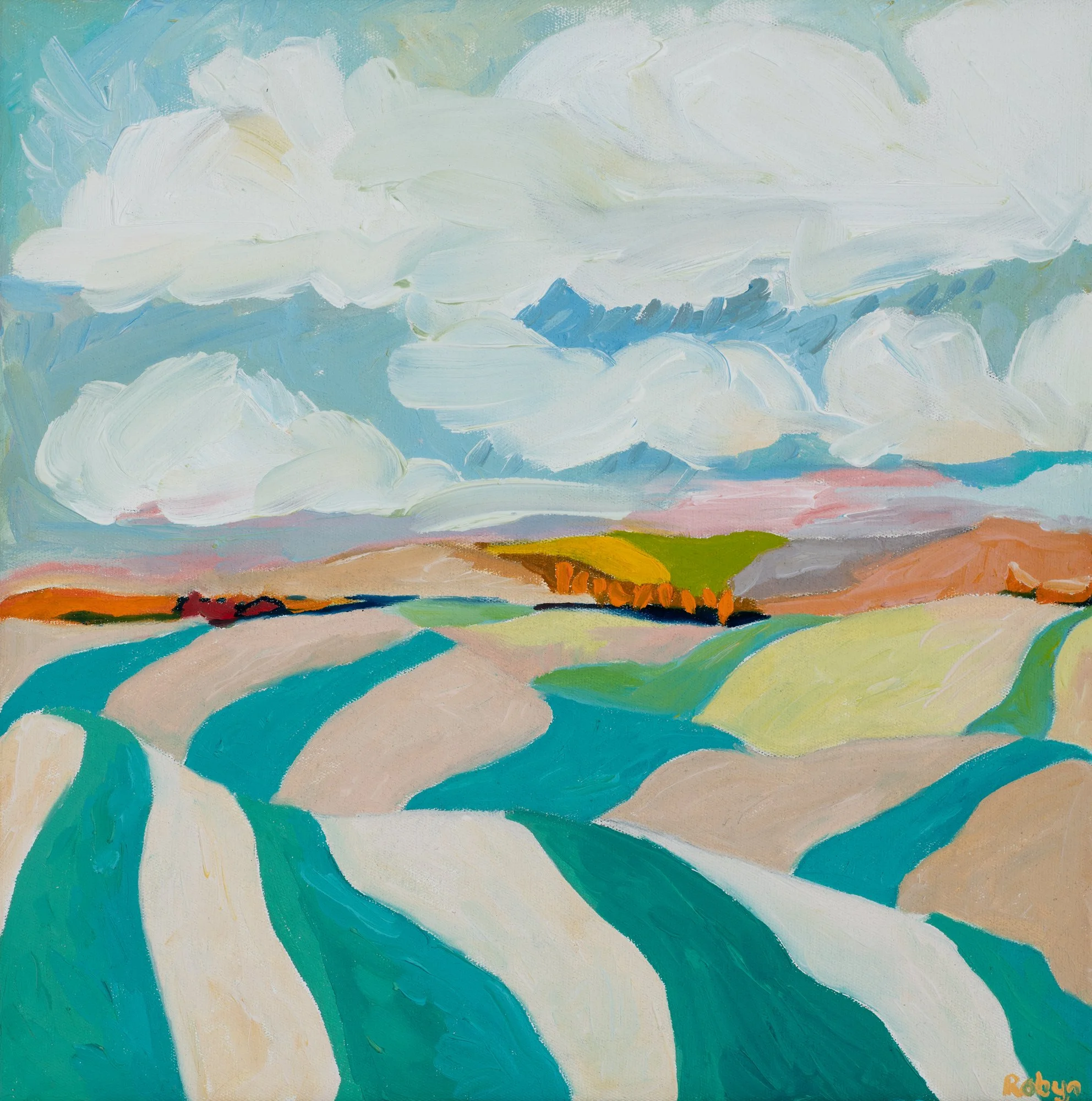 Abstract painting featuring large white, blue, and green clouds in the sky above a multicolored landscape with a river and vibrant fields.