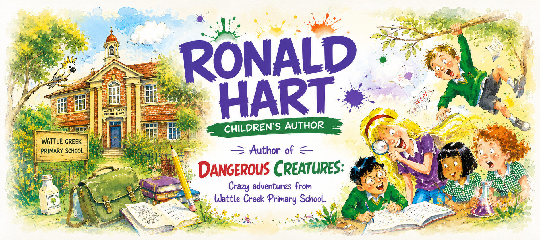 Colourful banner showing Wattle Creek Primary School and characters from Ronald Hart's children's book Dangerous Creatures.