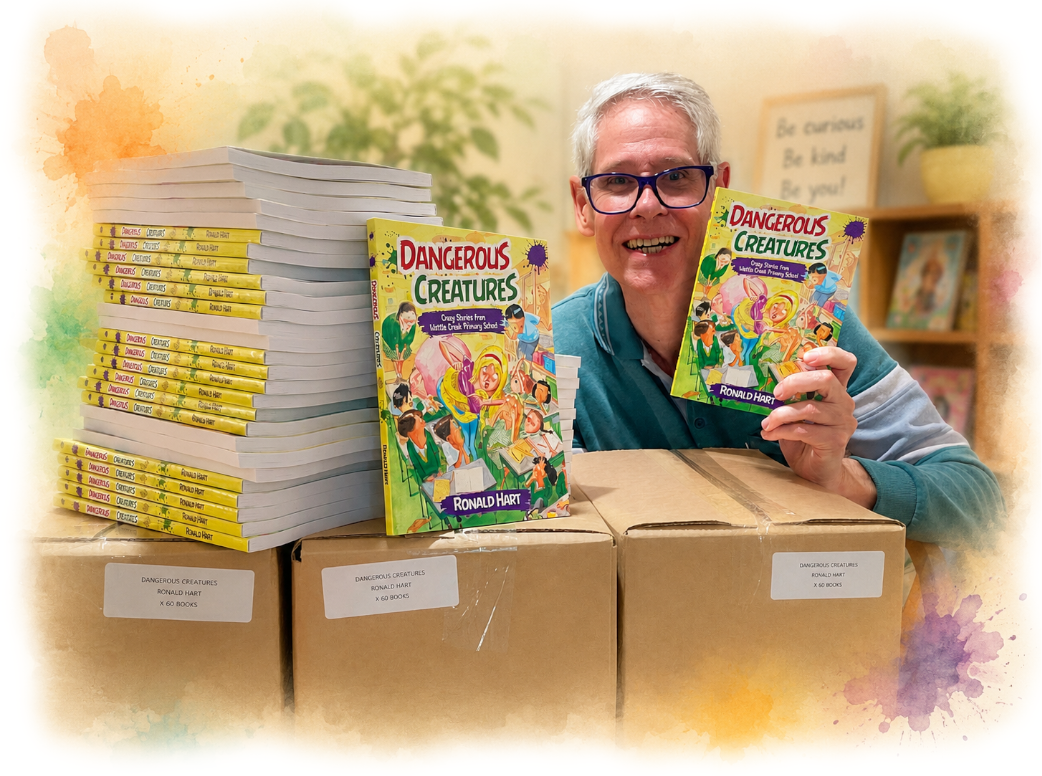 Photo of Ronald Hart, author of Dangerous Creatures: Crazy Stories from Wattle Creek Primary School, posing with a pile of his books.