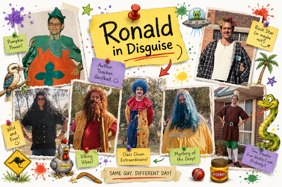 Fun collage of Ronald Hart dressed in a variety of humorous costumes.