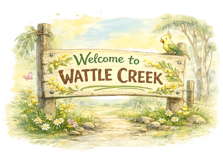 This is a sign welcoming visitors to the outback Queensland town of Wattle Creek.