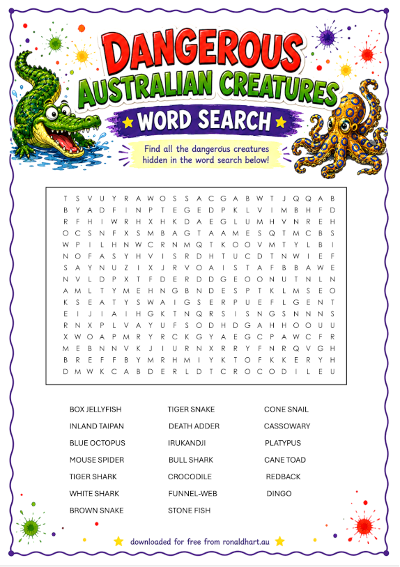 Free, downloadable find-a-word puzzle sheet for kids based on Dangerous Creatures by Ronald Hart
