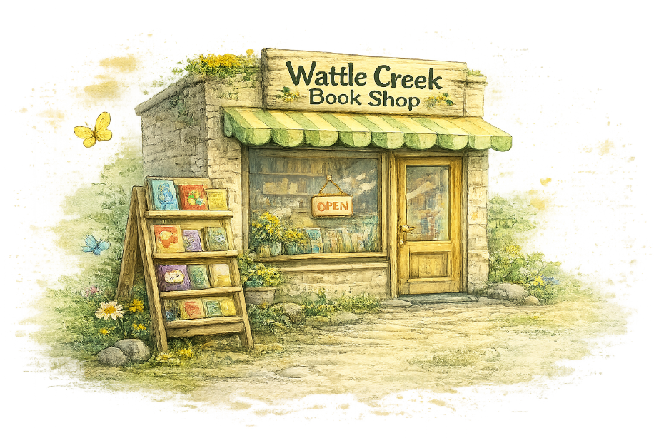 Illustration of the Wattle Creek Book Shop where visitors can buy Ronald Hart's books.