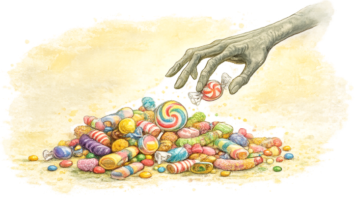 This is a drawing of an alien hand reaching down for some lollies from the lolly hunt at Wattle Creek Primary School.