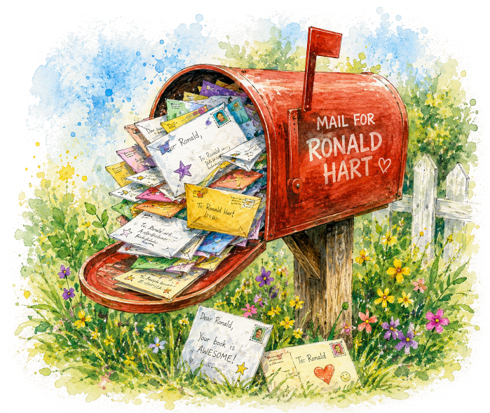 Cartoon mailbox overflowing with letters inviting visitors to contact Ronald Hart.